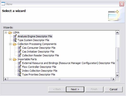 Screenshot of selecting new UIMA component in Eclipse