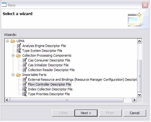 Screenshot of Eclipse new object wizard showing Flow Controller