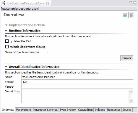 Screenshot of Component Descriptor Editor Overview page for new Flow Controller